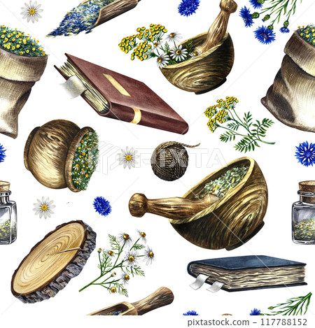 Seamless pattern of medicinal herbs: chamomile, tansy, cornflower. Accessories of traditional medicine. Wooden dishes and a recipe book. a hand-drawn watercolor illustration. For packaging and labels. 117788152
