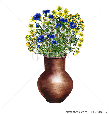 Wildflowers in a clay vase. Hand-made watercolor illustration. Medicinal herbs chamomile, cornflowers, tansy. For postcards, packages and labels. For flyers, stickers and prints. 117788167