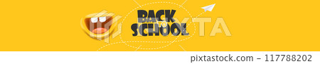 Back To School wide banner design template with funny smiling monster mouth and flying paper plane. Orange welcome back to school wide background, poster, flyer, cover and sticker 117788202