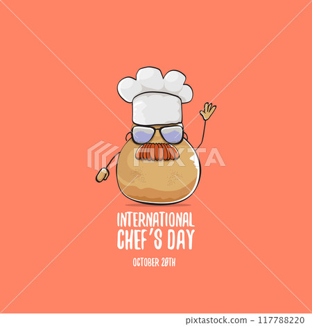 International chef day vector greeting card. vector funny cartoon tiny brown smiling chef potato with hat isolated on peach color background. Potato character International chef day vector greeting card. vector funny cartoon tiny brown smiling chef potato with hat isolated on peach color background. Potato character 117788220