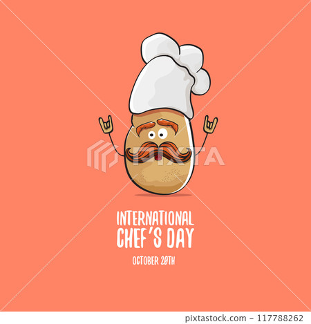 International chef day vector greeting card. vector funny cartoon tiny brown smiling chef potato with hat isolated on peach color background. Potato character 117788262