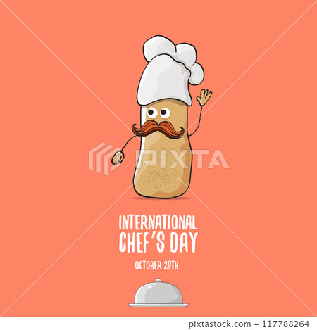 International chef day vector greeting card. vector funny cartoon tiny brown smiling chef potato with hat isolated on peach color background. Potato character International chef day vector greeting card. vector funny cartoon tiny brown smiling chef potato with hat isolated on peach color background. Potato character 117788264