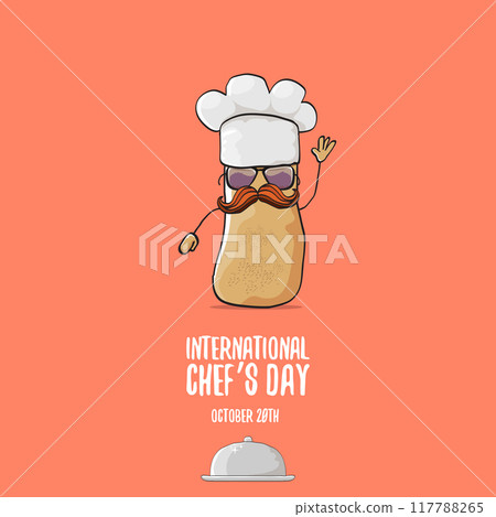 International chef day vector greeting card. vector funny cartoon tiny brown smiling chef potato with hat isolated on peach color background. Potato character 117788265