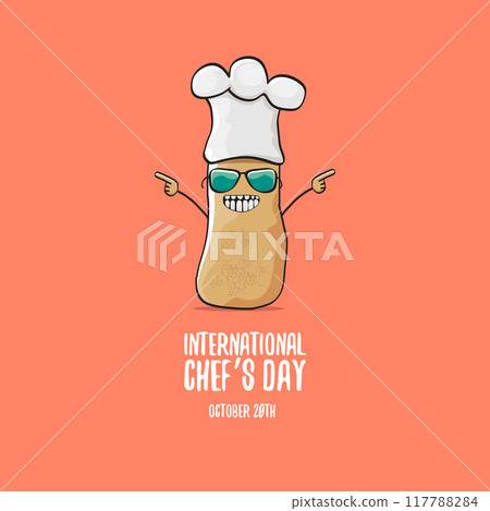 International chef day vector greeting card. vector funny cartoon tiny brown smiling chef potato with hat isolated on peach color background. Potato character International chef day vector greeting card. vector funny cartoon tiny brown smiling chef potato with hat isolated on peach color background. Potato character 117788284