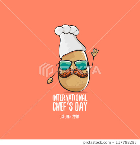International chef day vector greeting card. vector funny cartoon tiny brown smiling chef potato with hat isolated on peach color background. Potato character 117788285