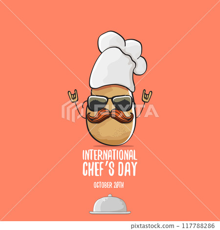 International chef day vector greeting card. vector funny cartoon tiny brown smiling chef potato with hat isolated on peach color background. Potato character 117788286