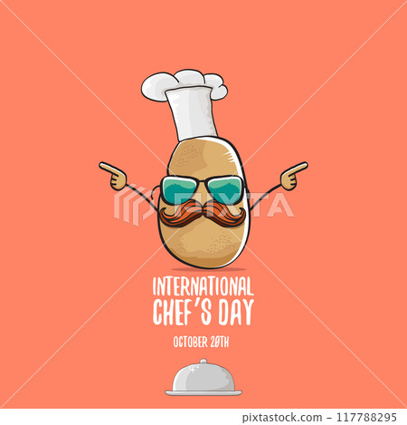 International chef day vector greeting card. vector funny cartoon tiny brown smiling chef potato with hat isolated on peach color background. Potato character International chef day vector greeting card. vector funny cartoon tiny brown smiling chef potato with hat isolated on peach color background. Potato character 117788295