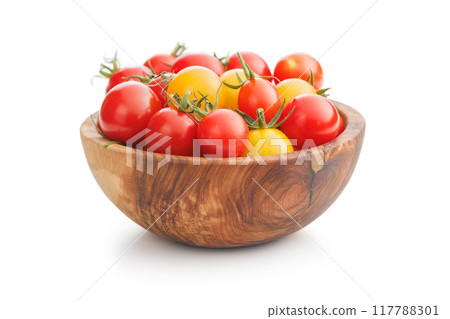 Different colorful cherry tomatoes in bowl isolated on white background. 117788301
