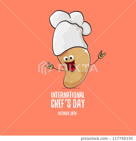 International chef day vector greeting card. vector funny cartoon tiny brown smiling chef potato with hat isolated on peach color background. Potato character 117788330