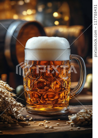 A freshly poured glass of golden beer on a rustic wooden table with grains scattered around 117788431