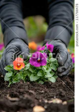 Gardener planting vibrant pansies in rich soil during a sunny afternoon in spring 117788478