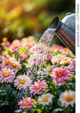 Gardener waters vibrant flowers in a lush garden during golden hour in early spring 117788480