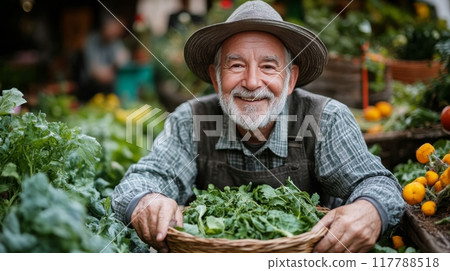 Joyful elderly man holding a basket of fresh greens at a bustling farmers market in autumn 117788518