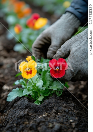 Gardener planting vibrant pansies in rich soil during a sunny afternoon in spring 117788529