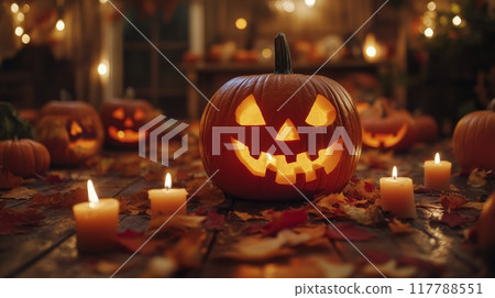 A glowing jack-o'-lantern sits among autumn leaves in a misty forest at dusk 117788551