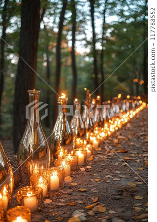 Serene outdoor candlelit pathway surrounded by trees at twilight during a peaceful gathering 117788552