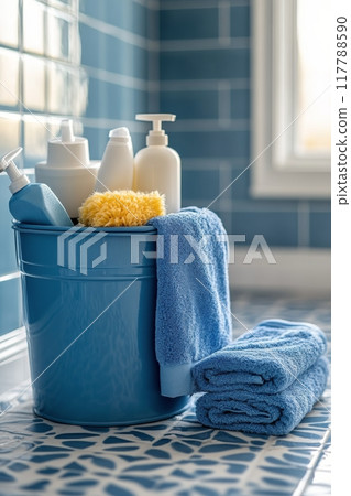 Blue bucket filled with toiletries and towels in a bright bathroom setting 117788590