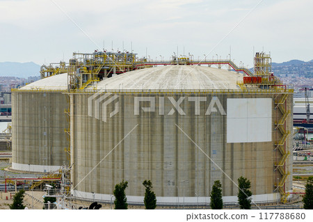 LNG gas terminal large storage reservoirs in Barcelona port, liquefied natural gas supply 117788680