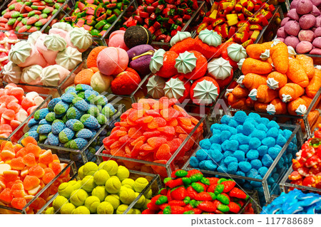Colorful candy assortment at market in Barcelona, Spain, sweets shop stall 117788689