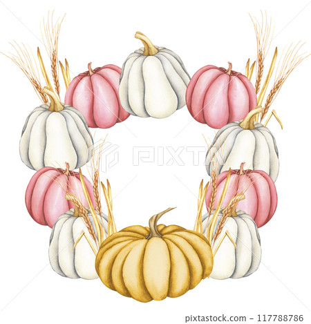 Watercolor wreath of pumpkins and ears of wheat. Frame of autumn vegetables on a white background. Handmade illustration for invitations and cards for the harvest festival or thanksgiving Watercolor wreath of pumpkins and ears of wheat. Frame of autumn vegetables on a white background. Handmade illustration for invitations and cards for the harvest festival or thanksgiving 117788786