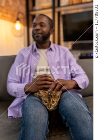 African american man sitting at home with a cat on his laps African american man sitting at home with a cat on his laps 117788833