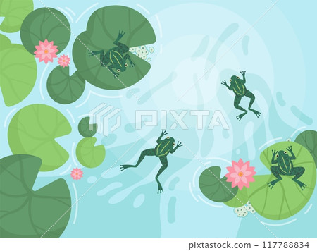 Frog in pond background. Cartoon frogs lake or swamp toad nature water faune, amphibian animals wildlife aquatic landscape, comic froglet sitting on lily swanky vector illustration Frog in pond background. Cartoon frogs lake or swamp toad nature water faune, amphibian animals wildlife aquatic landscape, comic froglet sitting on lily swanky vector illustration 117788834