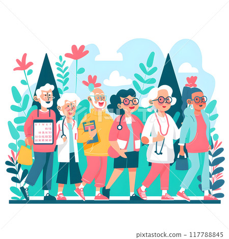 A group of elderly people wearing colorful tshirts and hats are happily strolling in the park, enjoying the art sculptures and smiling at each other 117788845