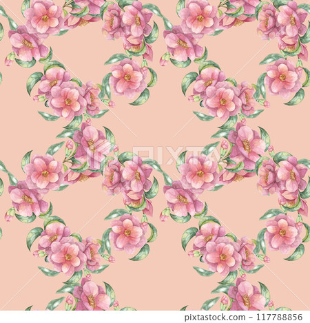 Seamless pattern of pink camellia flowers and green leaves on a soft peach background. Watercolor clipart design ideal for fabric, stationery, or as a digital backdrop for various creative projects 117788856