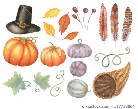 Collection of fall elements, including pumpkins, a Pilgrim hat, feathers, and leaves. Watercolor clipart set for creating Thanksgiving invitations, seasonal home decor, or holiday merchandise Collection of fall elements, including pumpkins, a Pilgrim hat, feathers, and leaves. Watercolor clipart set for creating Thanksgiving invitations, seasonal home decor, or holiday merchandise 117788864