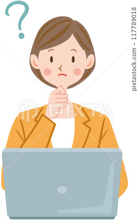 Laptop, illustration of a thinking woman, business, question 117789018
