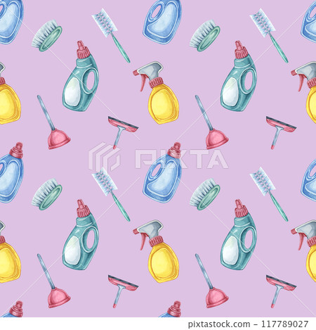 Cleaning supplies seamless pattern featuring detergent bottles, brushes, and sponges. Watercolor clipart Perfect for wrapping paper, cleaning service branding, and DIY cleaning project backdrops 117789027