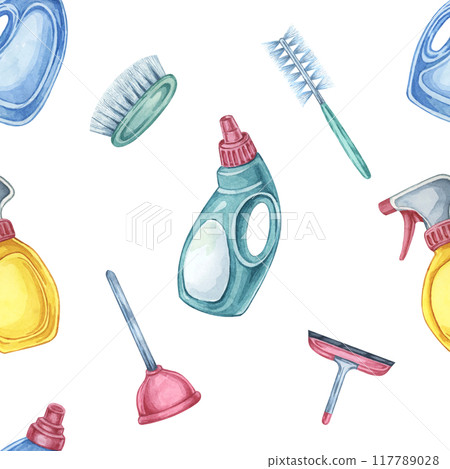Cleaning supplies seamless pattern featuring detergent bottles, brushes, and sponges. Watercolor clipart Perfect for wrapping paper, cleaning service branding, and DIY cleaning project backdrops 117789028