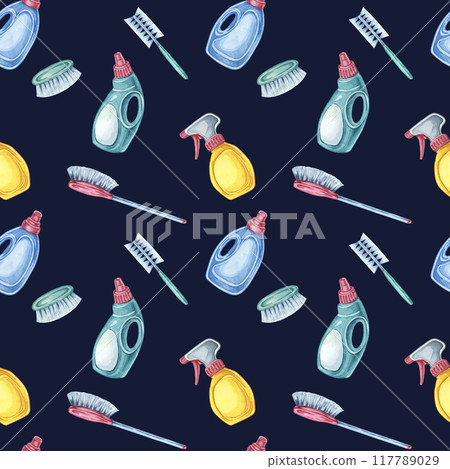 Cleaning tools colorful seamless pattern with spray bottles, detergent, and brushes. Suitable for fabric designs, cleaning service flyers, and educational materials on hygiene Cleaning tools colorful seamless pattern with spray bottles, detergent, and brushes. Suitable for fabric designs, cleaning service flyers, and educational materials on hygiene 117789029