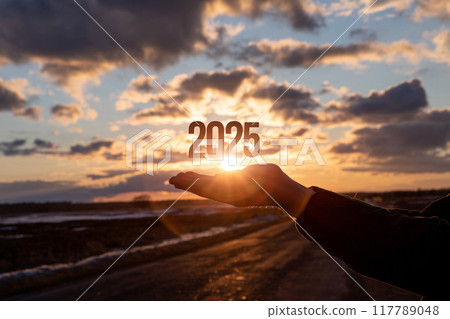 Hand shows the new year 2025 on the background of the sunset. Hand shows the new year 2025 on the background of the sunset. 117789048