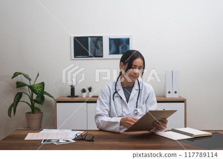 female doctor therapist portrait video call screen talking to web camera consulting virtual patient online. Telemedicine, tele health concept.  117789114