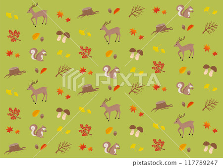 Autumn leaves and animal pattern illustration_green Autumn leaves and animal pattern illustration_green 117789247