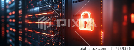Red lock icon on a server in a secure data center. Symbolizing strong data protection and cybersecurity. 117789336