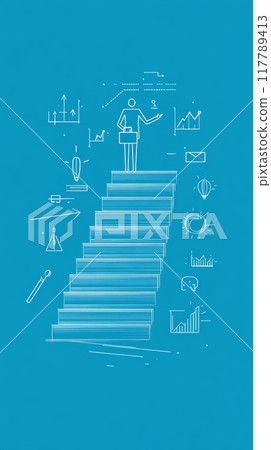Business growth concept with a businessman climbing stairs against a blue background with various business icons. Represents upward career movement and success. 117789413