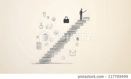 Minimalistic business journey concept with a businessman figure on a stairway surrounded by business-related icons on a light beige background. Represents career advancement and leadership. 117789499