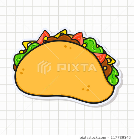 Cute funny Taco sticker. Vector hand drawn cartoon kawaii character illustration icon. Isolated on background. Taco card character concept 117789543