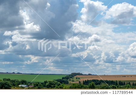 A vast rural area with a blooming green field and a field with harvested crops under a dynamic sky covered with clouds A vast rural area with a blooming green field and a field with harvested crops under a dynamic sky covered with clouds 117789544