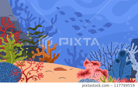 Red and green algae. Coral reef. Deep ocean bottom. Banner. 117789559