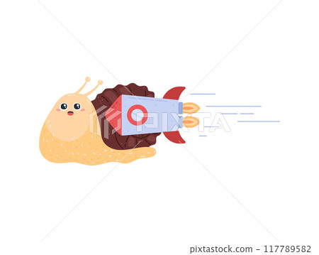 Vector illustration with cute snail character flying rapidly on a rocket on a white background 117789582