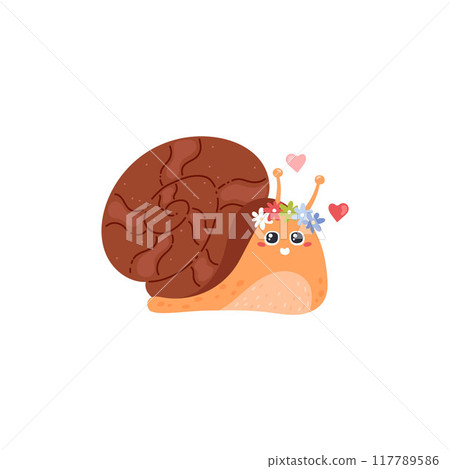 Cute snail with wreath of spring flowers and red hearts. 117789586