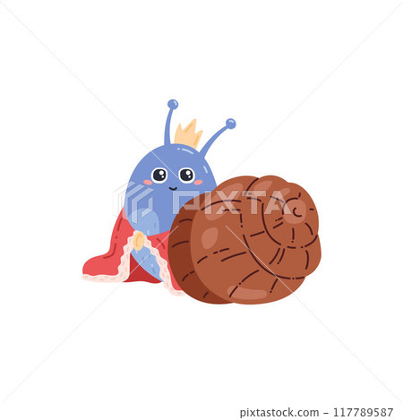 Vector illustration of a blue snail with a crown and cape. 117789587