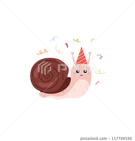 Cute smiling snail celebrates the holiday. Cute smiling snail celebrates the holiday. 117789588