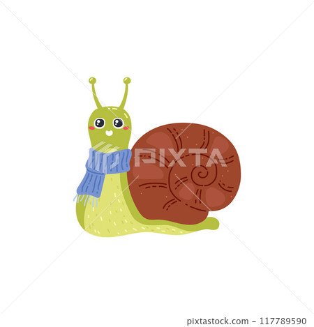 Vector illustration of a smiling snail with horns in a scarf on a white background 117789590