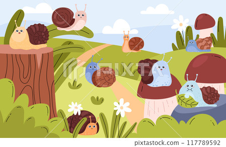 Vector illustrations with cute snails in a green clearing with flowers, mushrooms and leaves 117789592
