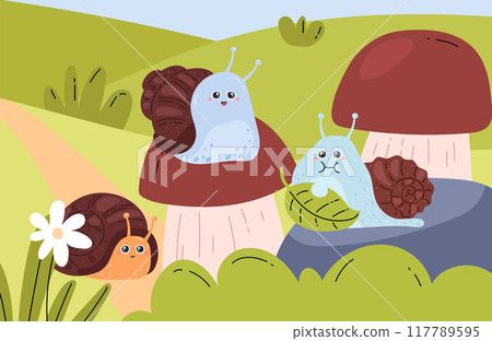 Snails eat a leaf, sit on a porcini mushroom. Summer landscape. 117789595