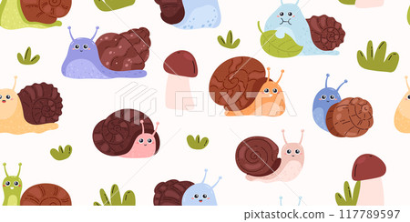 Cute snails seamless vector illustration set 117789597